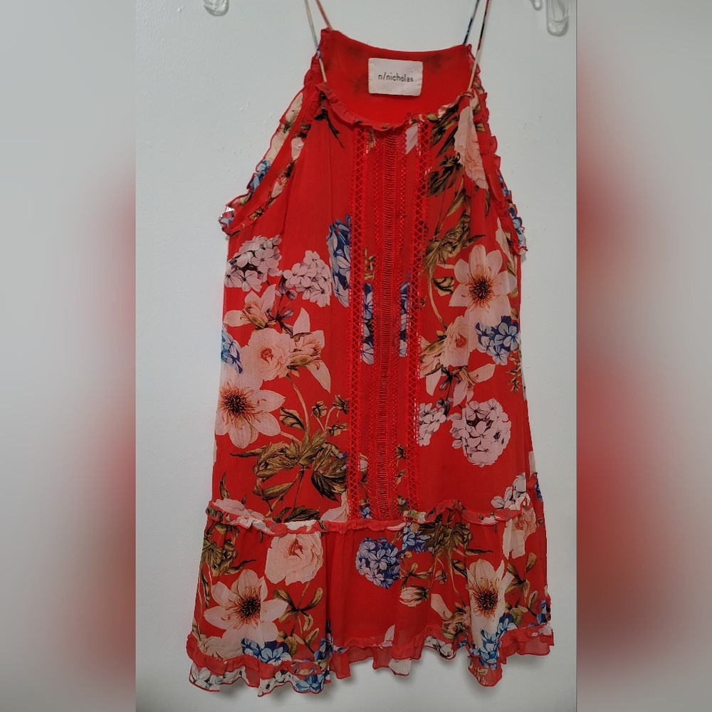 NICHOLAS X Revolve Red Floral Crochet Trimmed Silk Halter Mini Shift Dress Sz6 - Picture 5 of 16